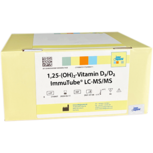 The 1,25-(OH)2-Vitamin D3/D2 ImmuTube® LC-MS/MS Kit yellow box.