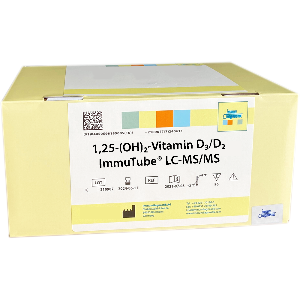 The 1,25-(OH)2-Vitamin D3/D2 ImmuTube® LC-MS/MS Kit yellow box.