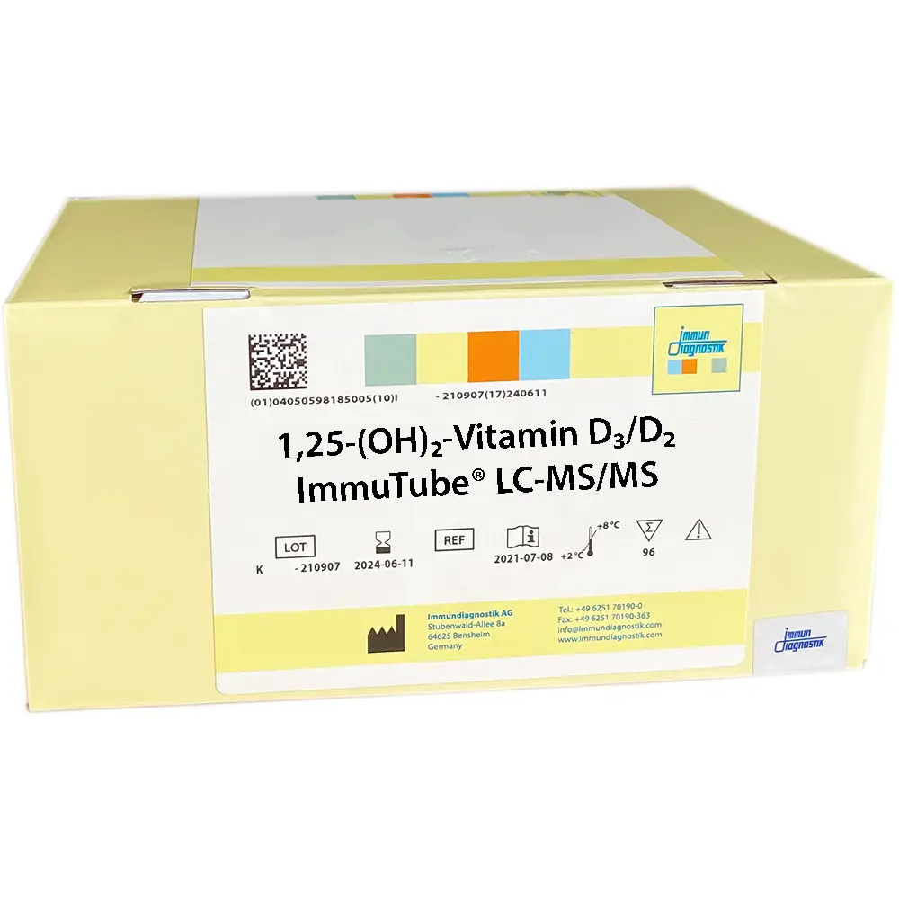 The 1,25-(OH)2-Vitamin D3/D2 ImmuTube® LC-MS/MS Kit yellow box.