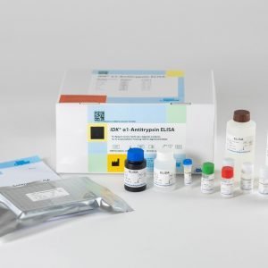 The components of the IDK® alpha-1-Antitrypsin ELISA organized in front of a white background.