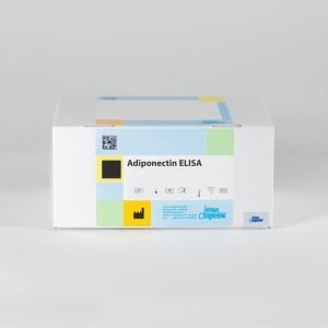 An Adiponectin ELISA kit box set against a white backdrop.