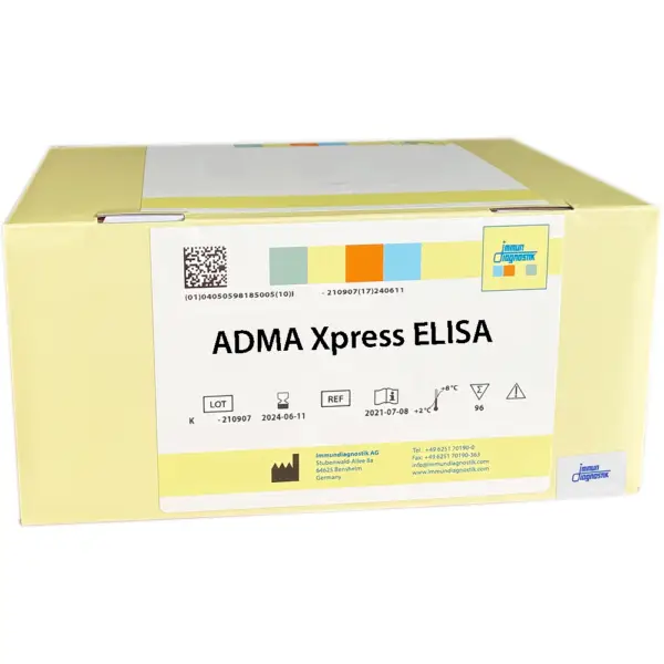 The ADMA Xpress ELISA yellow kit box.