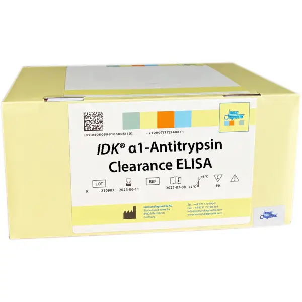 The IDK® alpha-1-antitrypsin Clearance ELISA yellow kit box.