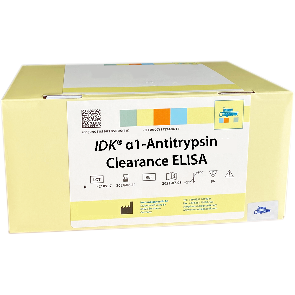 The IDK® alpha-1-antitrypsin Clearance ELISA yellow kit box.