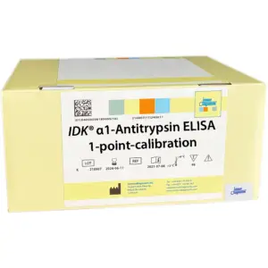 The IDK® alpha-1-antitrypsin ELISA 1-point-calibration yellow kit box.