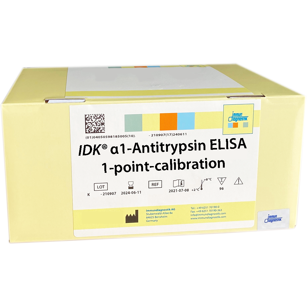The IDK® alpha-1-antitrypsin ELISA 1-point-calibration yellow kit box.