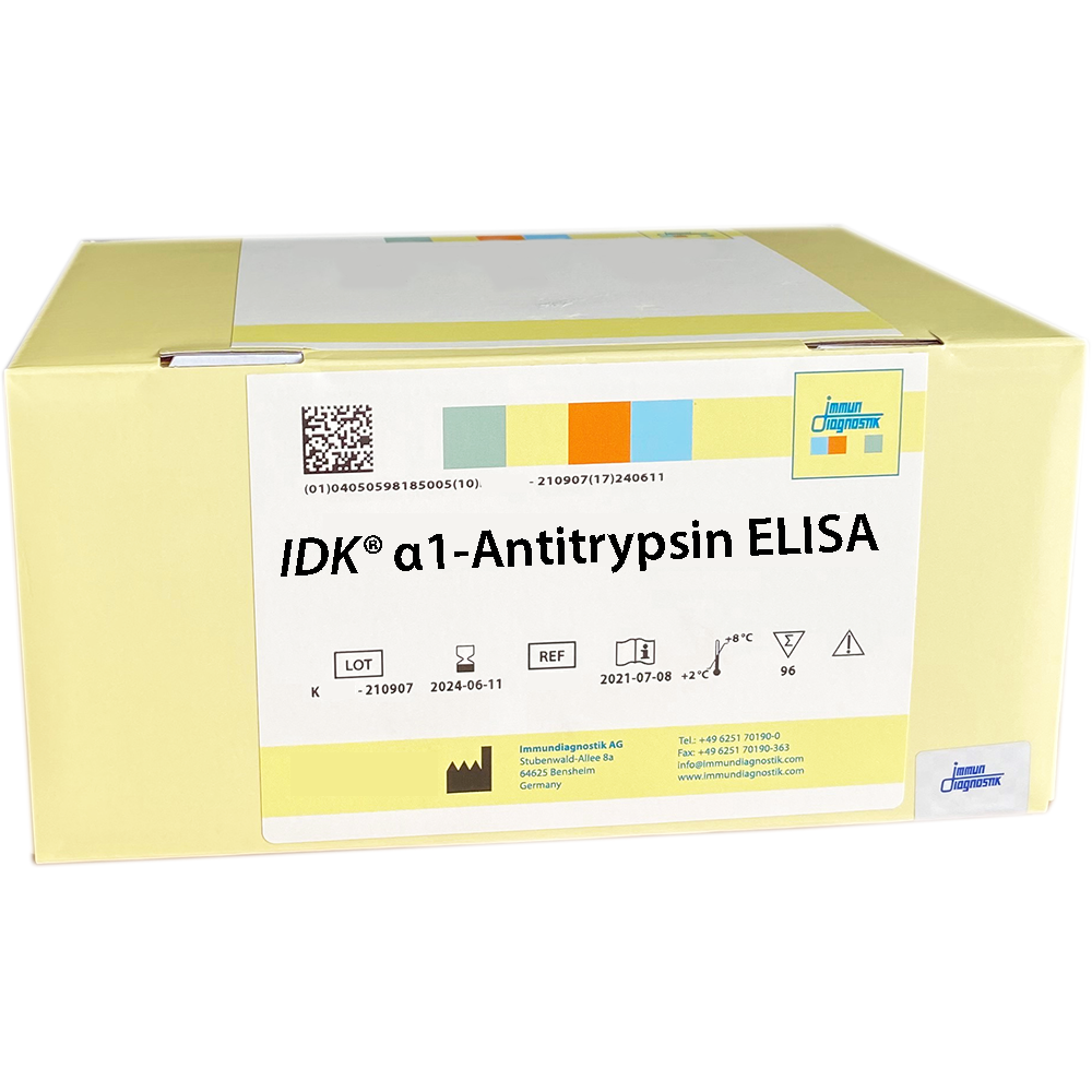 The IDK® alpha-1-antitrypsin ELISA yellow kit box.