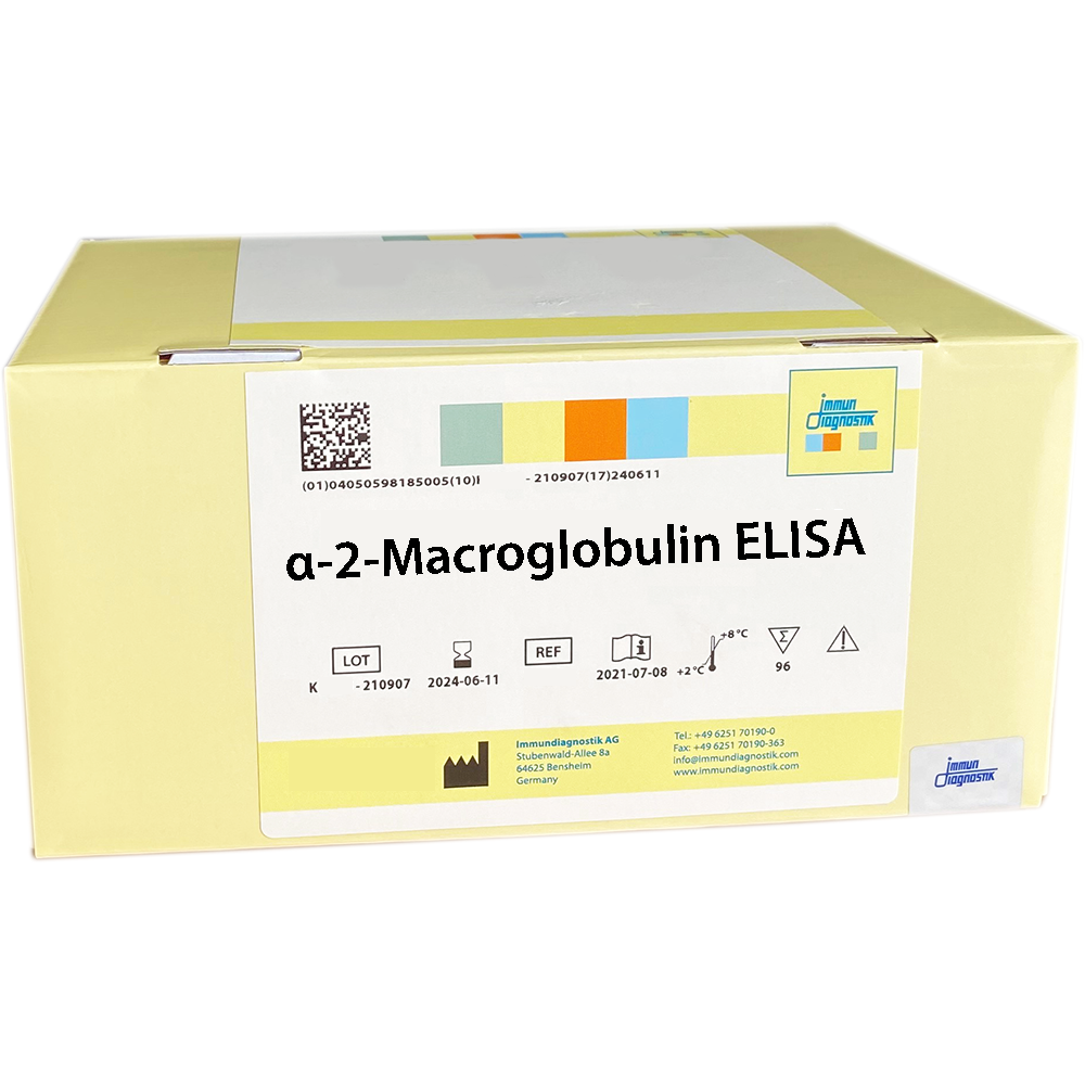 The alpha-2-Macroglobulin ELISA yellow kit box.