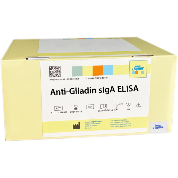 The Anti-Gliadin sIgA ELISA yellow kit box.