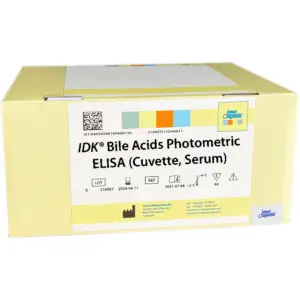 The IDK® Bile Acids Photometric ELISA (Cuvette, Serum) yellow kit box.
