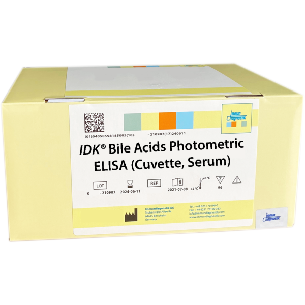 The IDK® Bile Acids Photometric ELISA (Cuvette, Serum) yellow kit box.