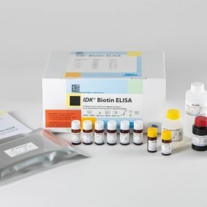 The components of the Immundiagnostik Biotin ELISA laid out in front of a white background.