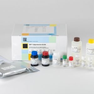 The components of the Immundiagnostik Calprotectin ELISA laid out in front of a white background.