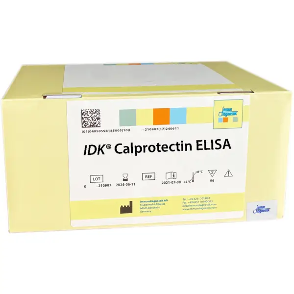 The IDK® Calprotectin ELISA yellow kit box.