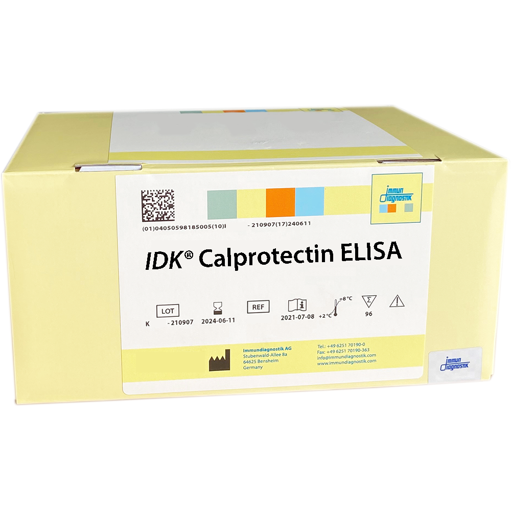 The IDK® Calprotectin ELISA yellow kit box.