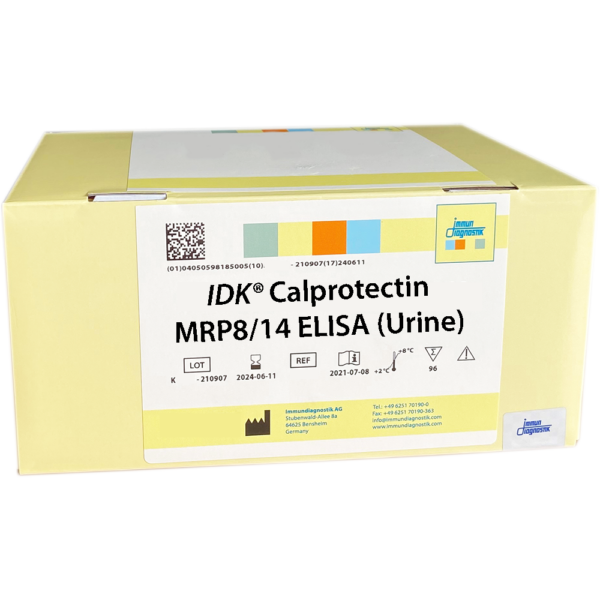 The IDK® Calprotectin MRP8/14 ELISA (Urine) yellow kit box.
