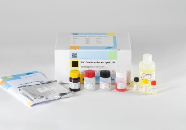 The components of the Immundiagnostik Candida Albicans IgG ELISA laid out in front of a white background.