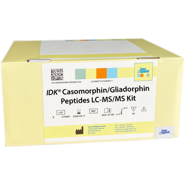 The IDK® Casomorphin/Gliadorphin Peptides LC-MS/MS Kit in a yellow box.