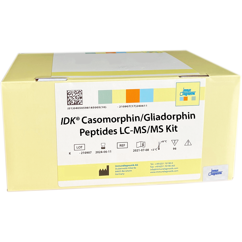 The IDK® Casomorphin/Gliadorphin Peptides LC-MS/MS Kit in a yellow box.