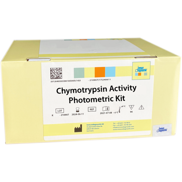 The Chymotrypsin Activity Photometric Kit in a yellow kit box.