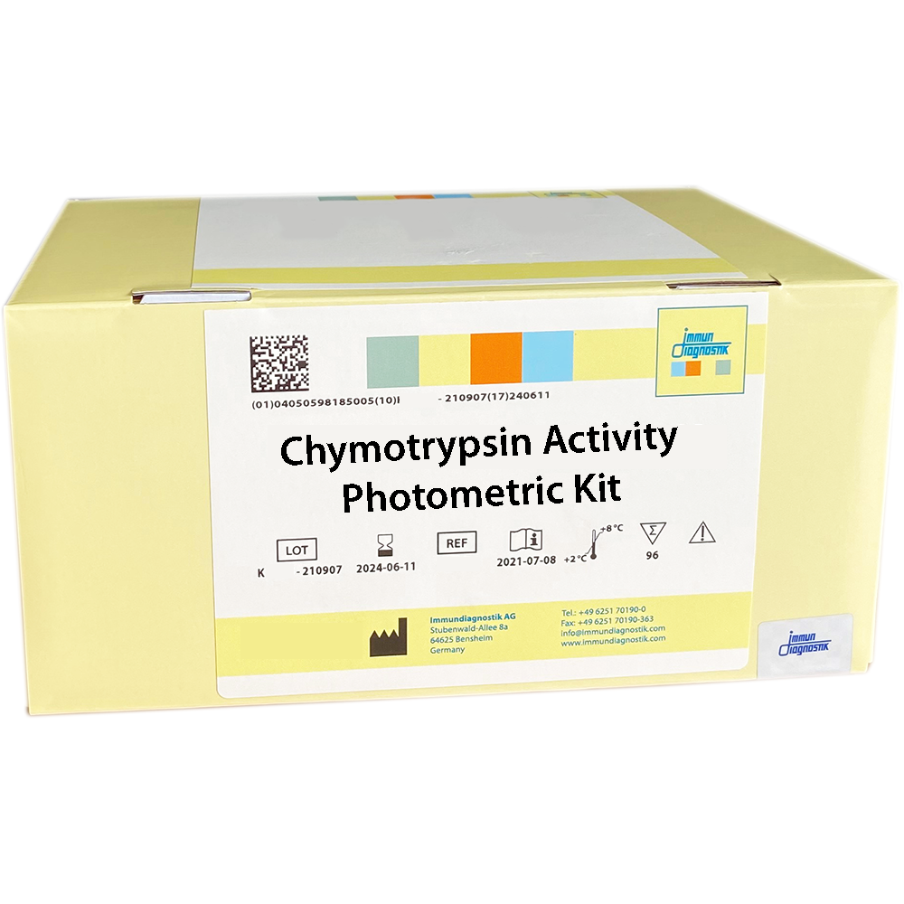 The Chymotrypsin Activity Photometric Kit in a yellow kit box.