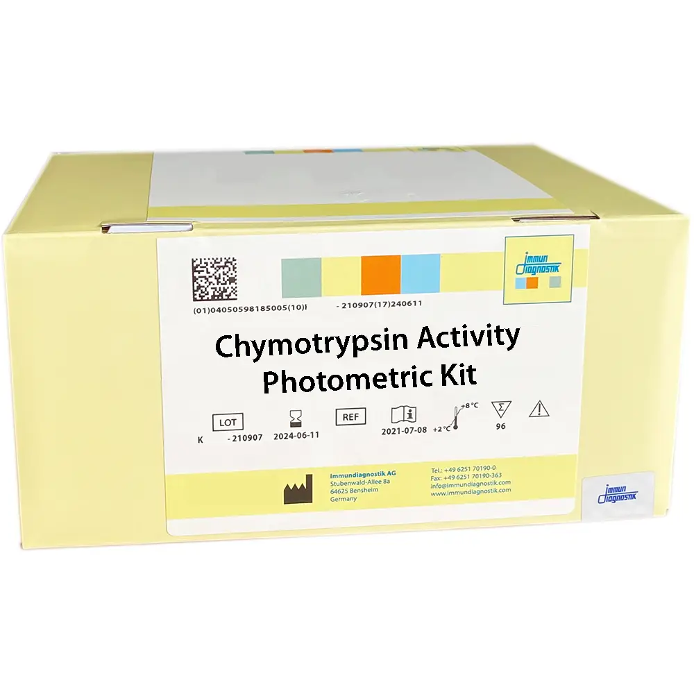 The Chymotrypsin Activity Photometric Kit in a yellow kit box.