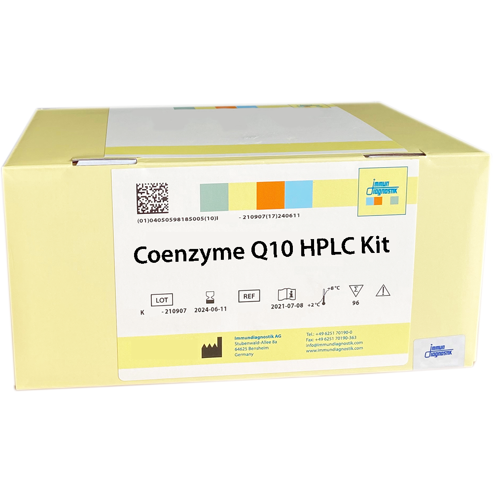 The Coenzyme Q10 HPLC Kit in a yellow kit box.
