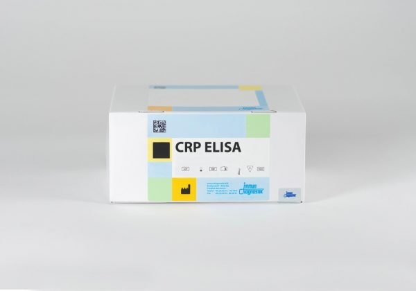 A CRP ELISA kit box set against a white backdrop.