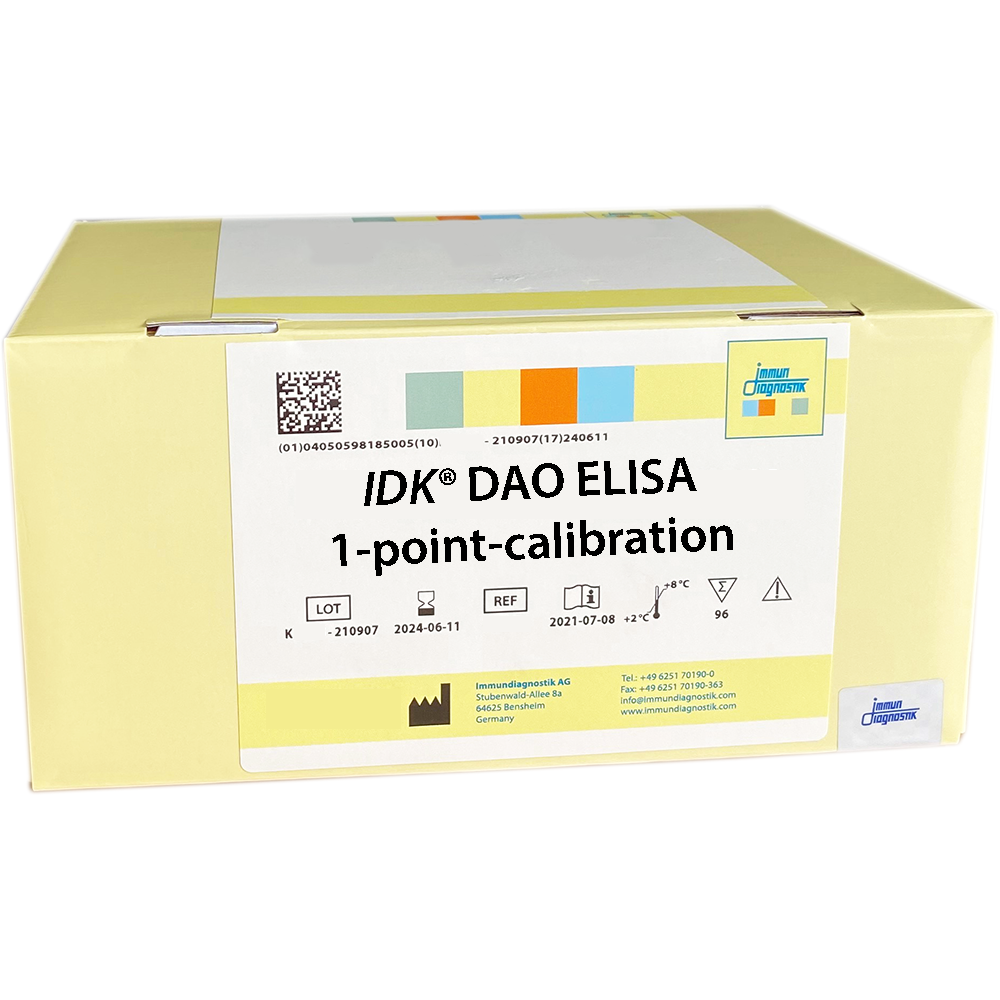 The IDK® DAO ELISA (1-point-calibration) yellow kit box.