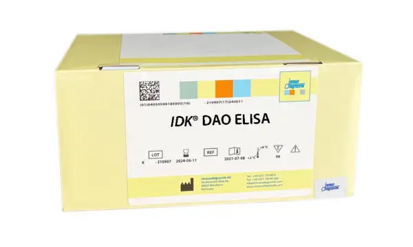 The IDK® DAO ELISA yellow kit box.
