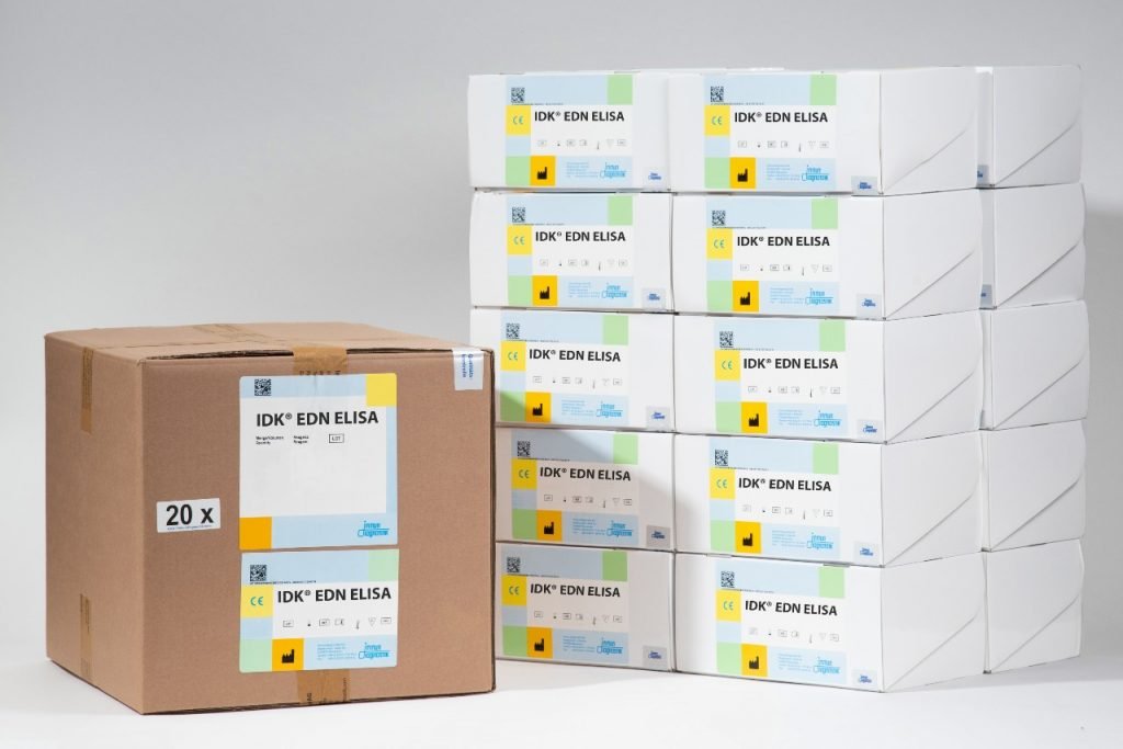 A side by side comparison of our EDN ELISA Bulk Pack (20 Plates) versus 20 regularly packaged EDN kits.