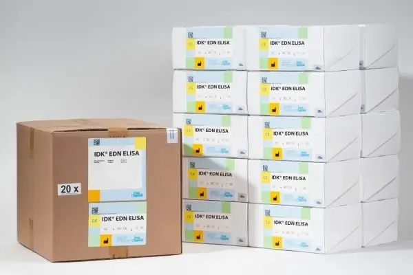 A side by side comparison of our EDN ELISA Bulk Pack (20 Plates) versus 20 regularly packaged EDN kits.
