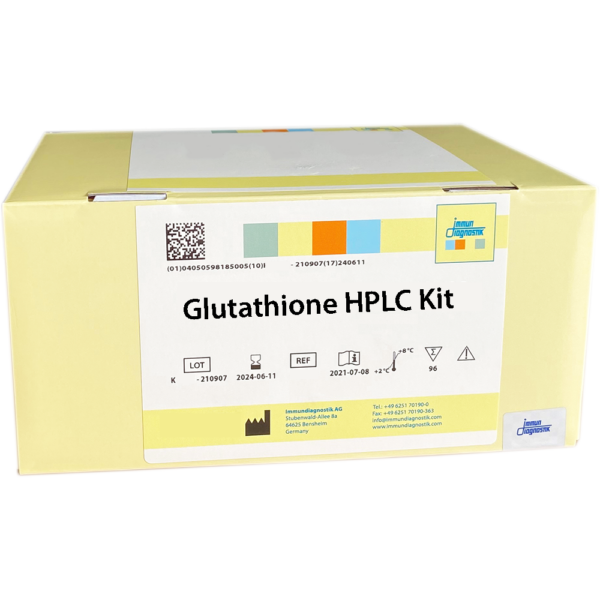 The Glutathione HPLC Kit in a yellow kit box.