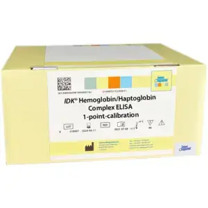 The IDK® Hemoglobin / Haptoglobin Complex ELISA (1-point-calibration) yellow kit box.