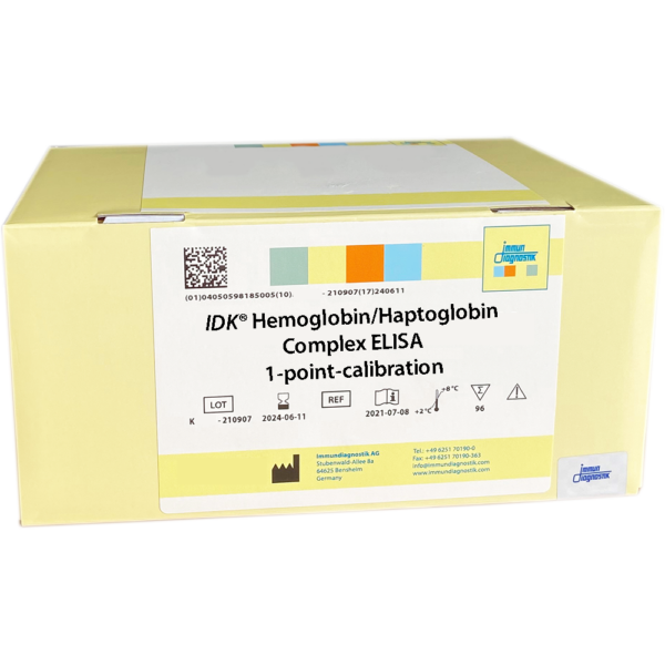 The IDK® Hemoglobin / Haptoglobin Complex ELISA (1-point-calibration) yellow kit box.