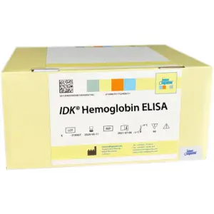 The IDK® Hemoglobin ELISA yellow kit box.