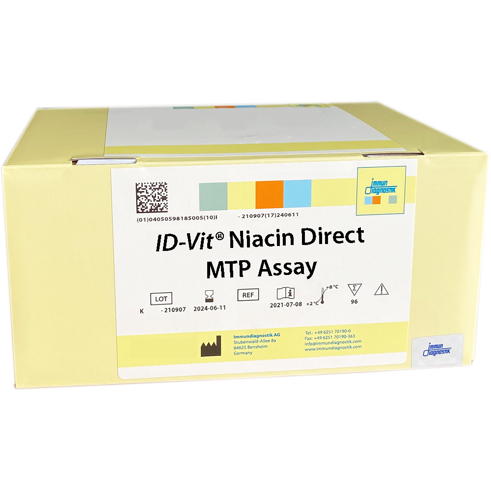The ID-Vit® Niacin Direct MTP Assay yellow kit box.