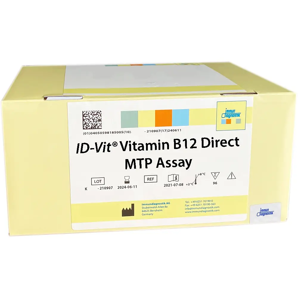 The ID-Vit® Vitamin B12 Direct MTP Assay yellow kit box.