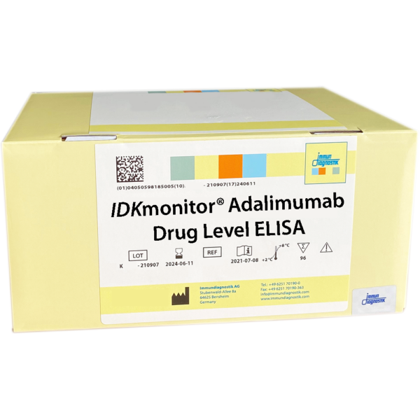 The IDKmonitor® Adalimumab Drug Level ELISA yellow kit box.