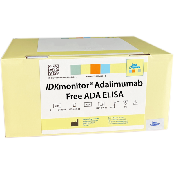 The IDKmonitor® Adalimumab Free ADA ELISA yellow kit box.