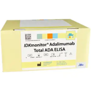 The IDKmonitor® Adalimumab Total ADA ELISA yellow kit box.