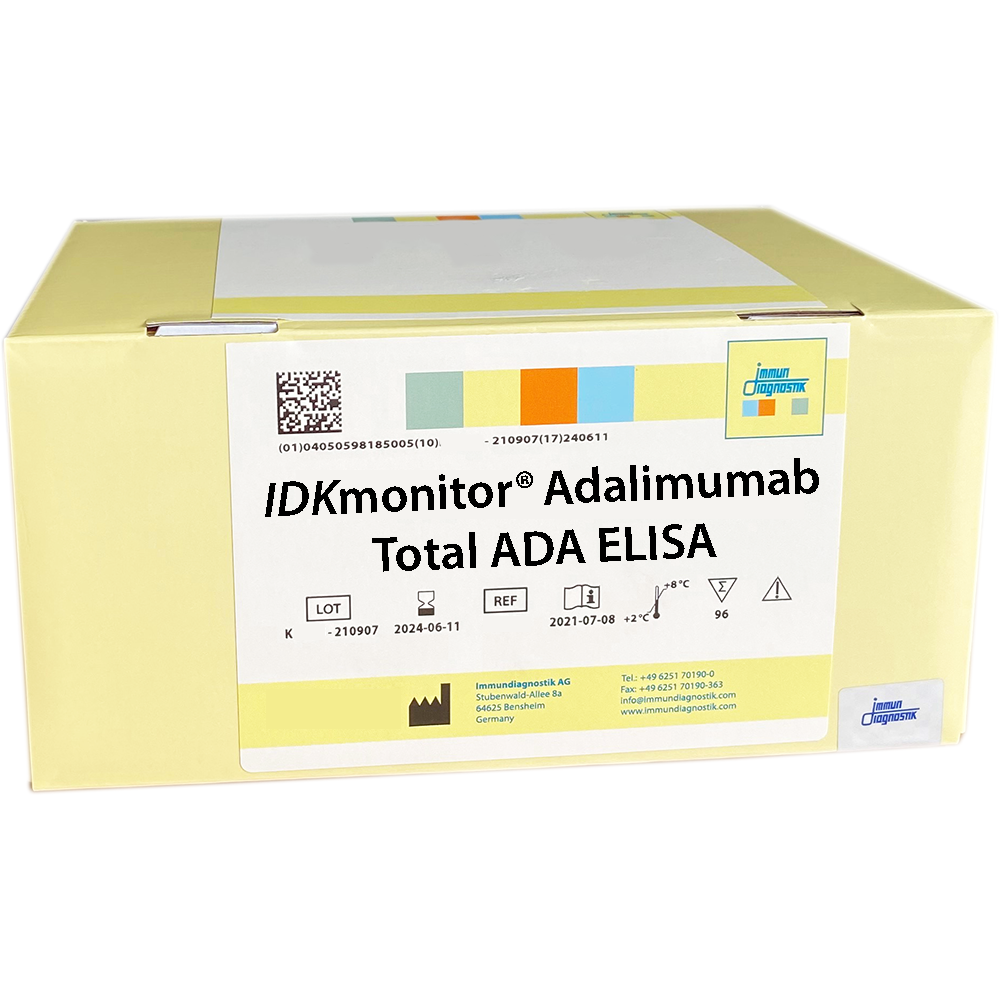 The IDKmonitor® Adalimumab Total ADA ELISA yellow kit box.