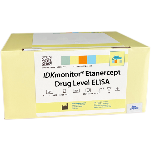 The IDKmonitor® Etanercept Drug Level ELISA yellow kit box.