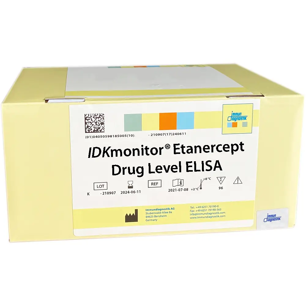 The IDKmonitor® Etanercept Drug Level ELISA yellow kit box.