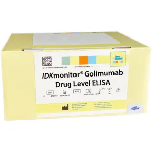 The IDKmonitor® Golimumab Drug Level ELISA yellow kit box.