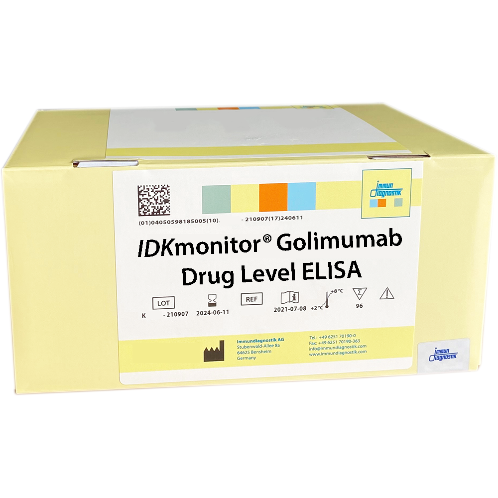 The IDKmonitor® Golimumab Drug Level ELISA yellow kit box.