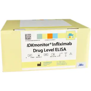 The IDKmonitor® Infliximab Drug Level ELISA yellow kit box.