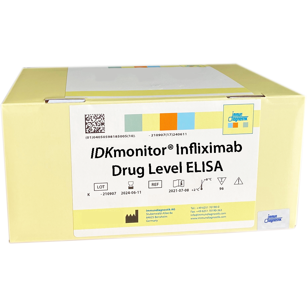 The IDKmonitor® Infliximab Drug Level ELISA yellow kit box.