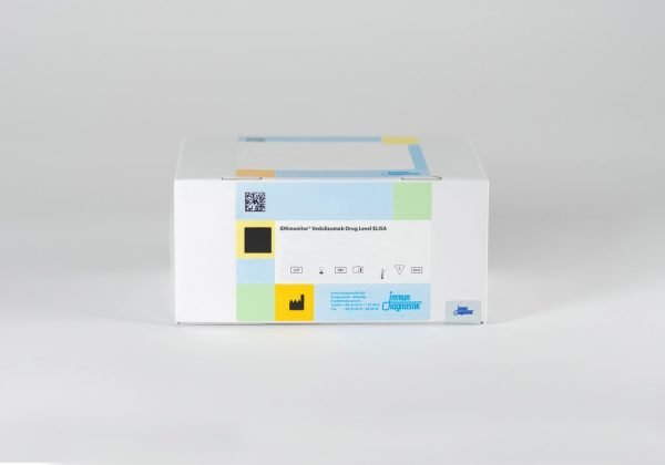 An IDKmonitor® Vedolizumab Drug Level ELISA kit box set against a white backdrop.