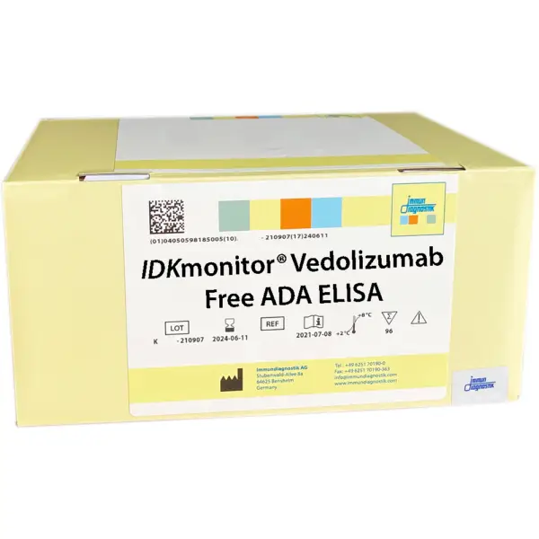 The IDKmonitor® Vedolizumab Free ADA ELISA yellow kit box.